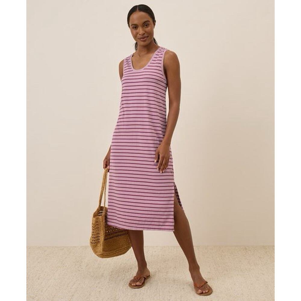 Pact Organic Women's Softspun Tank Midi Dress Point Reyes Magenta Stripe, Large